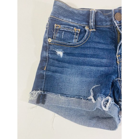 American Eagle Womens Jean Shorts Sz 2 Stretch Denim Cuffed Booty Mini Raw Hem - Picture 4 of 8